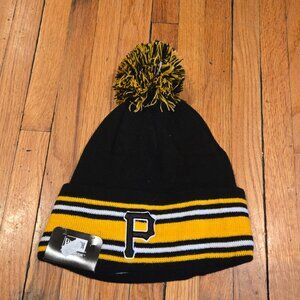 Men's New Era Black Pittsburgh Pirates Striped Cuffed Knit Hat with Pom Beanie